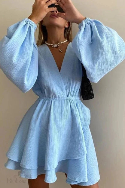 V-Neck High Waist Long Sleeve Irregular Mini Dress