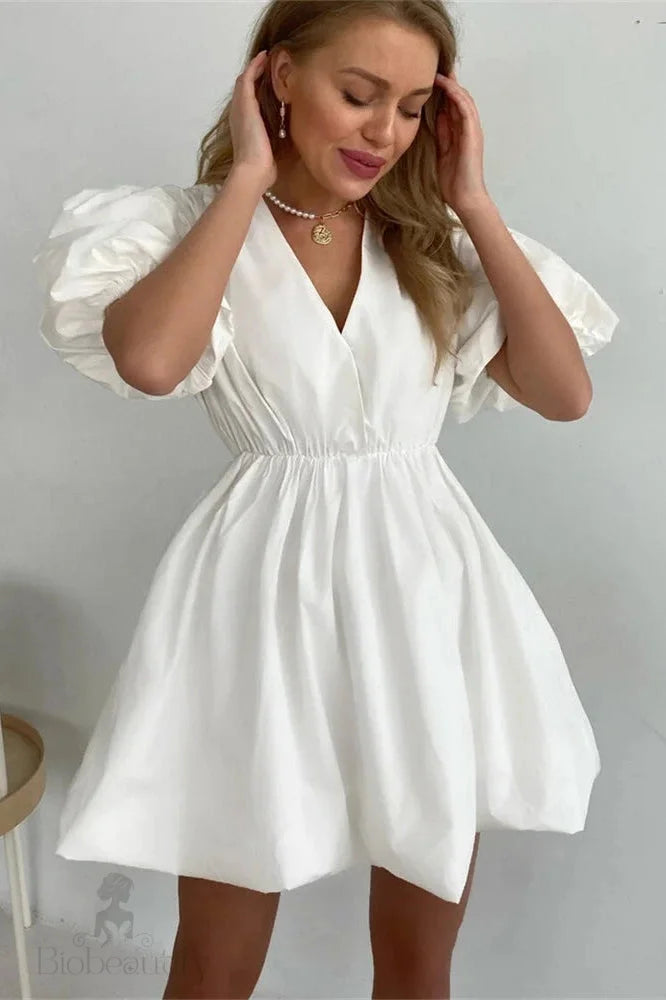 V-Neck High Waist Pleated Mini Dress With Short Sleeves