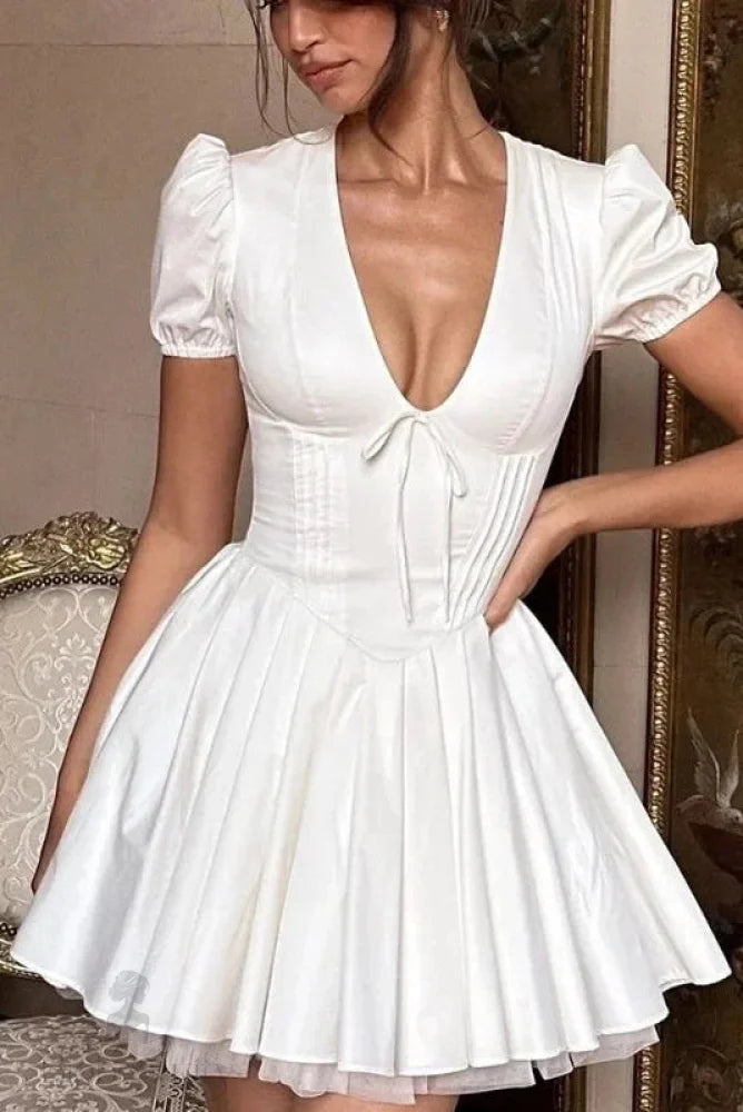 V-Neck High Waist Pleated Mini Dress With Short Sleeves