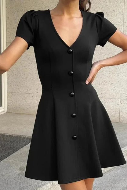 V Neck High Waist Short Sleeve A-Line Mini Dress