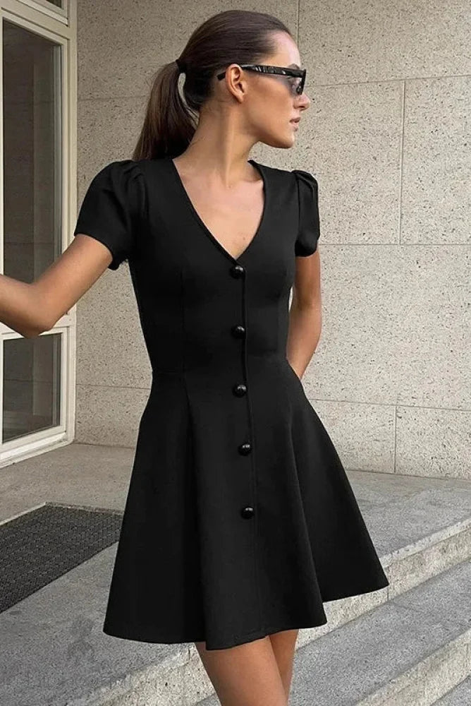 V Neck High Waist Short Sleeve A-Line Mini Dress