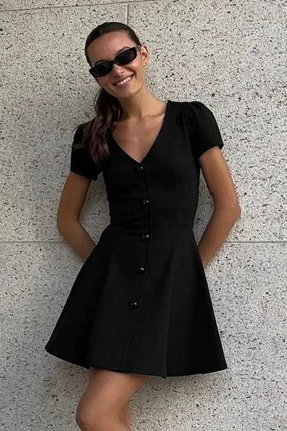 V Neck High Waist Short Sleeve A-Line Mini Dress