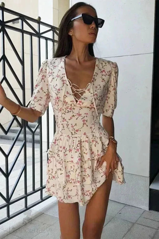 V-Neck Lace-Up Mini Dress