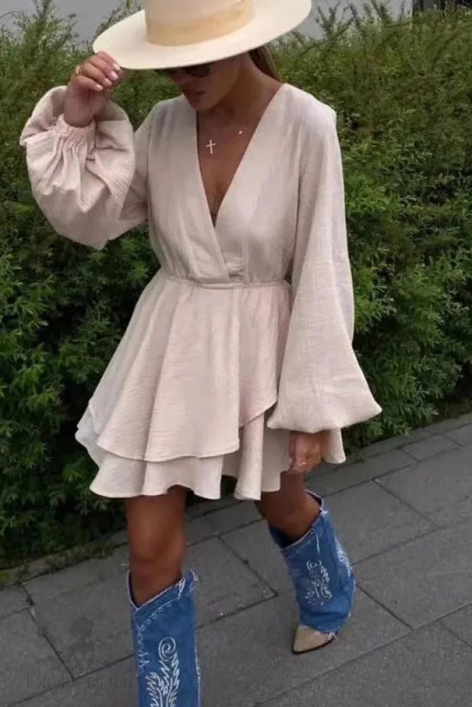 V Neck Long Sleeve Loose Mini Dress