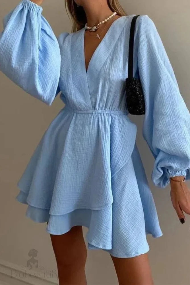 V Neck Long Sleeve Loose Mini Dress