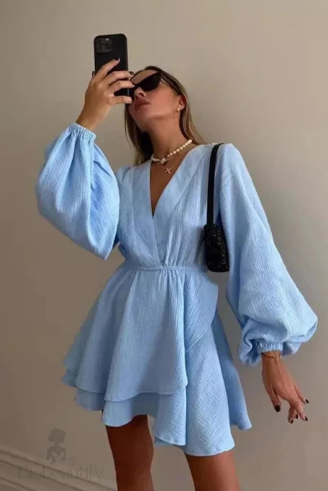 V Neck Long Sleeve Loose Mini Dress