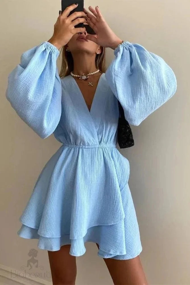 V Neck Long Sleeve Loose Mini Dress