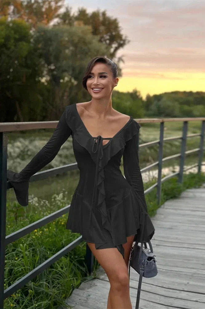 V-Neck Long Sleeve Mini Dress