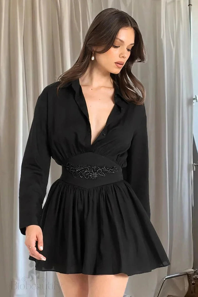 V-Neck Long Sleeve Mini Dress With High Waist