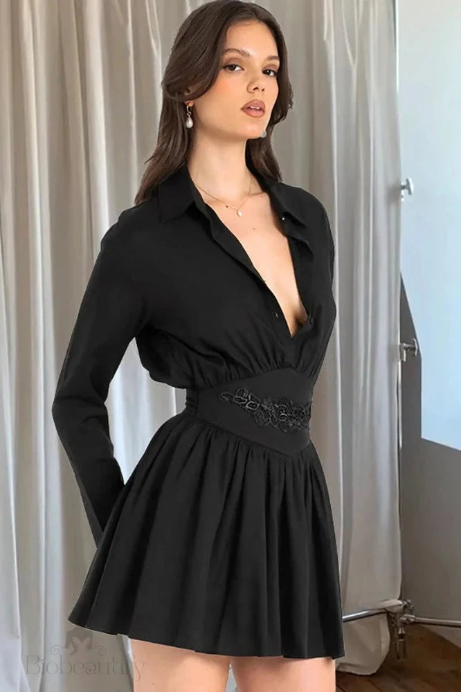 V-Neck Long Sleeve Mini Dress With High Waist