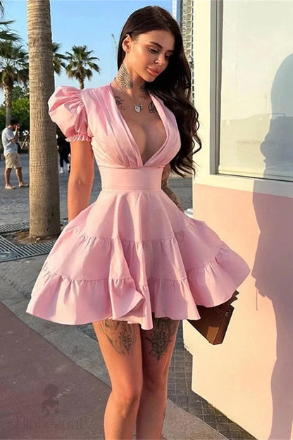 V-Neck Patchwork Short Sleeves Mini Dress