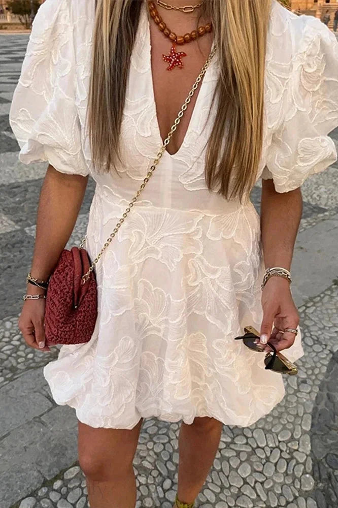 V Neck Puff Sleeve Mini Dress