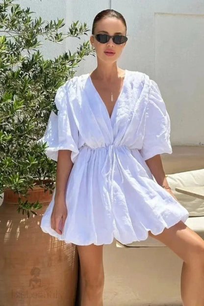 V-Neck Puff Sleeve Patchwork Mini Dress