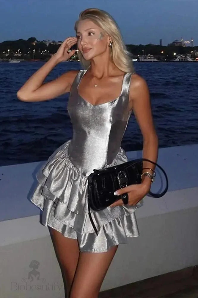 V Neck Straps Sleeveless Mini Dress