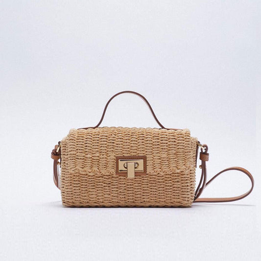 Woven Faux Leather Trim Crossbody Bag - Vacation Ready Brown One Size /