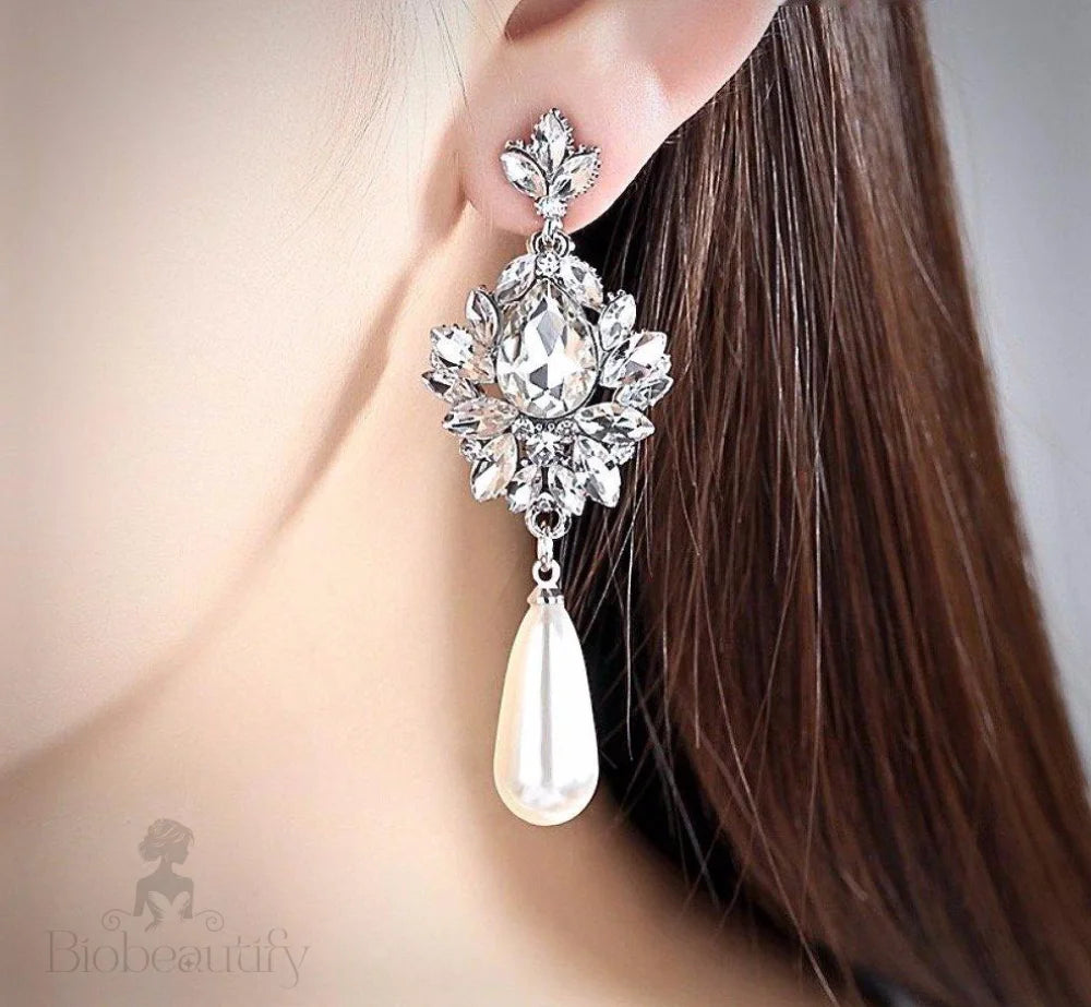 Valencia Bridal Earrings With Pearl And Crystal - Silver Gold Options