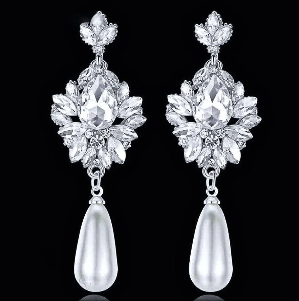 Valencia Bridal Earrings With Pearl And Crystal - Silver Gold Options