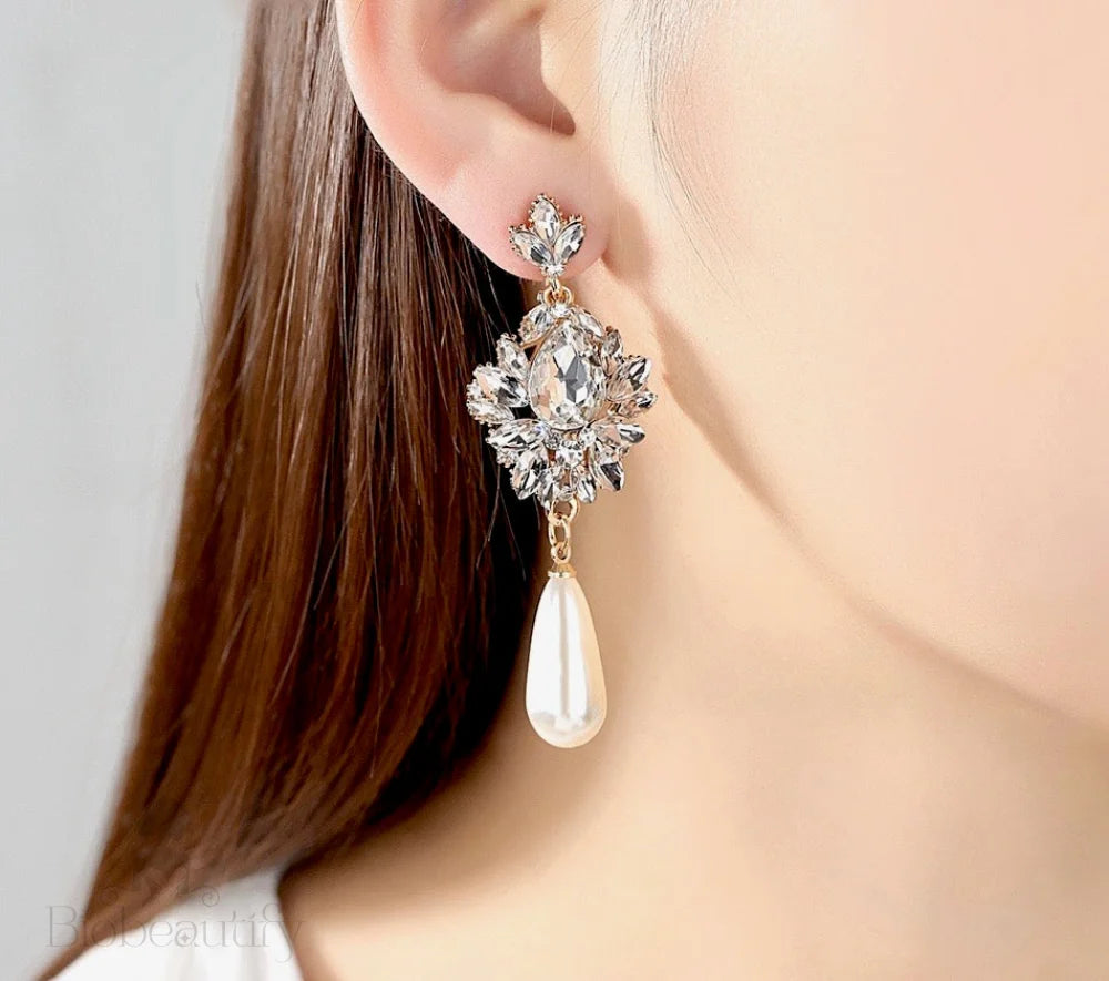 Valencia Bridal Earrings With Pearl And Crystal - Silver Gold Options