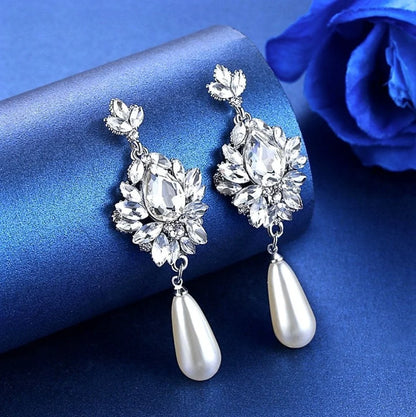 Wedding Jewelry - Silver Pearl and Crystal Bridal Earrings