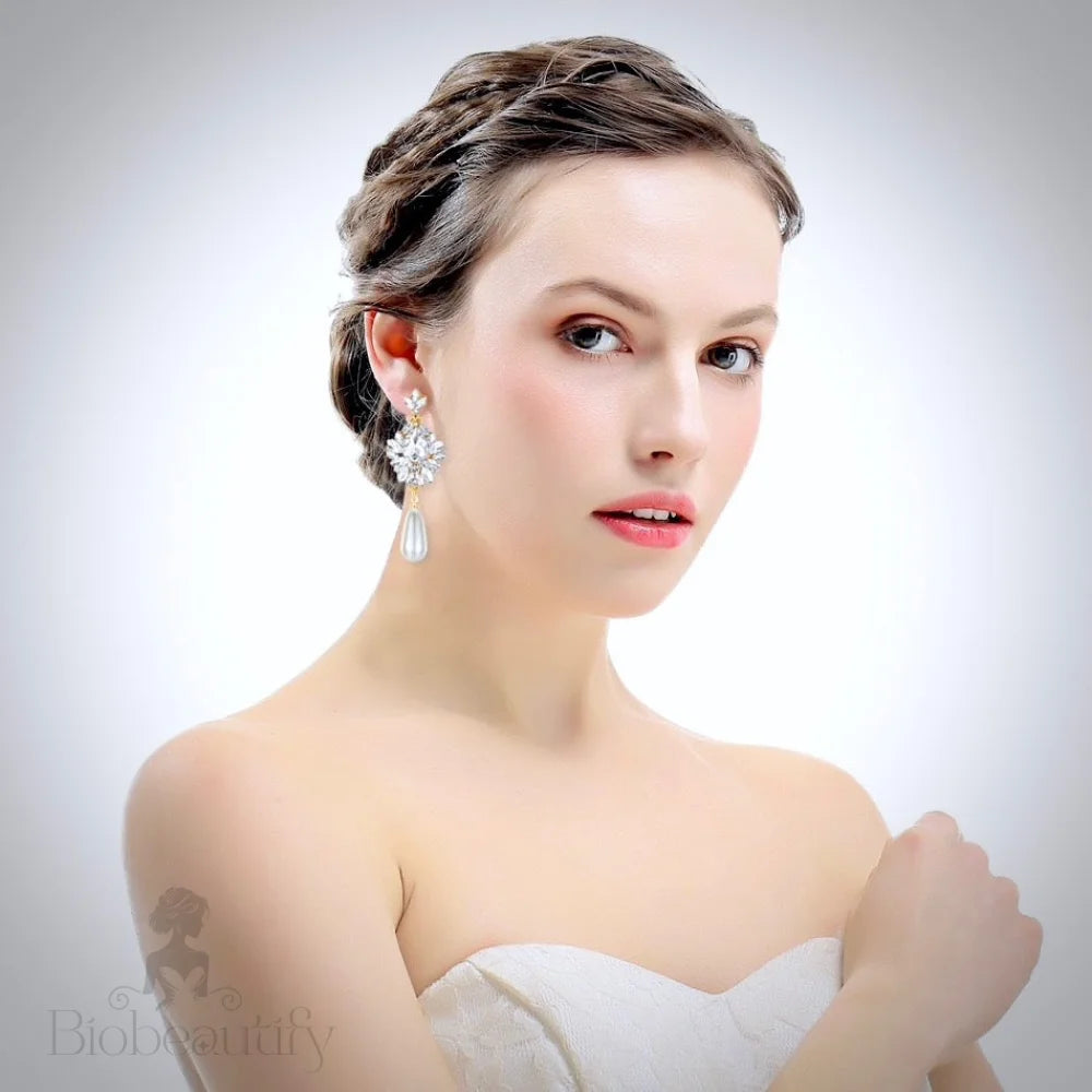 Valencia Bridal Earrings With Pearl And Crystal - Silver Gold Options