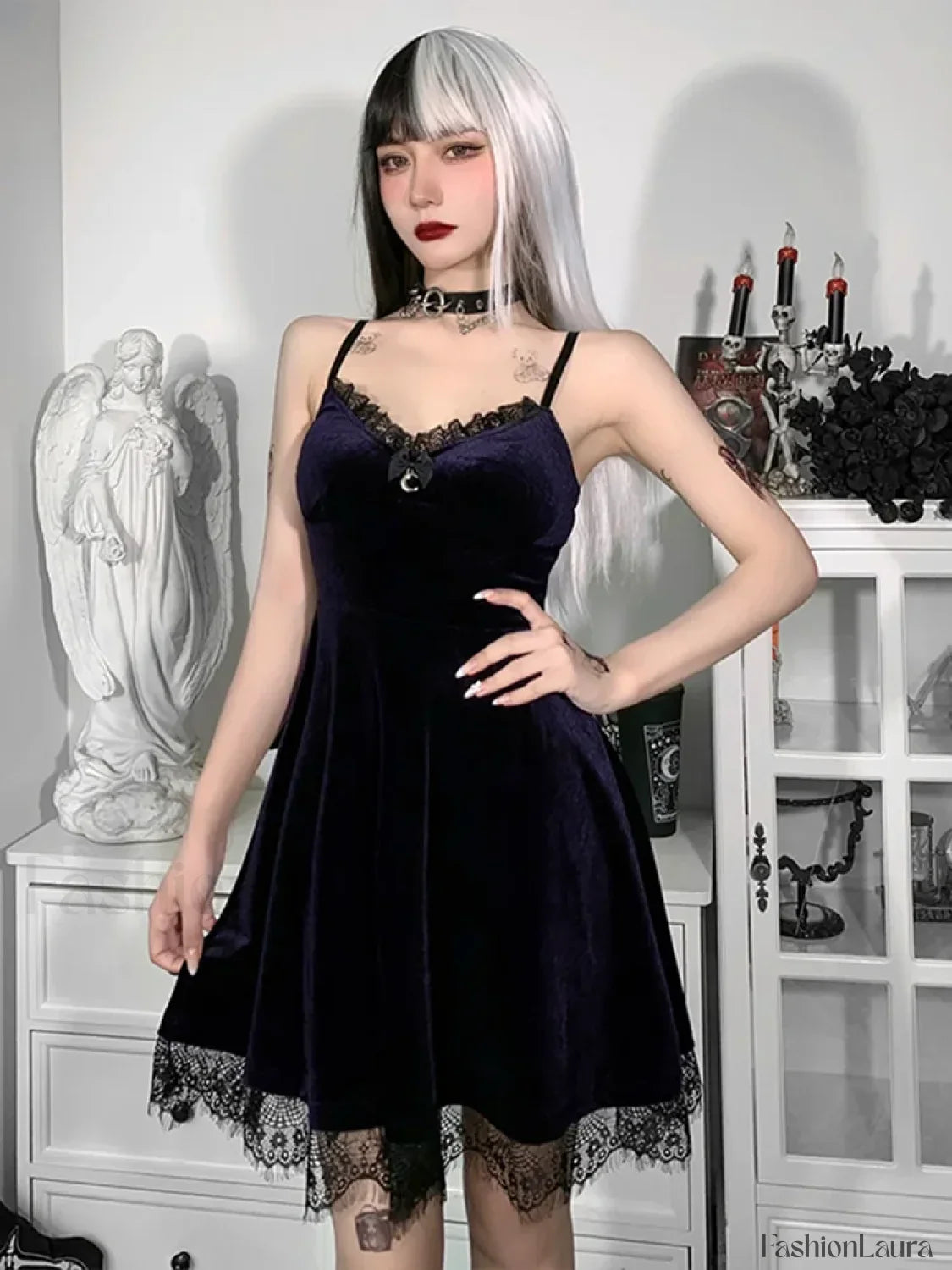 Velvet Corset Spaghetti Waist in Lace Trim Moon Colorful Backless A Line Pendant Strap Sleeveless Dress