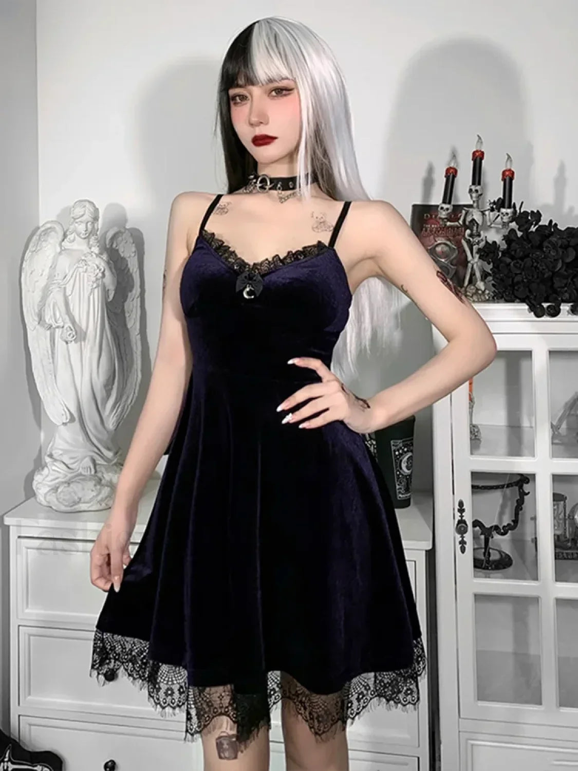 Velvet Corset Spaghetti Waist in Lace Trim Moon Colorful Backless A Line Pendant Strap Sleeveless Dress