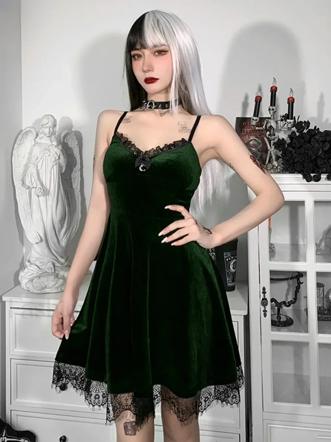 Velvet Corset Spaghetti Waist in Lace Trim Moon Colorful Backless A Line Pendant Strap Sleeveless Dress