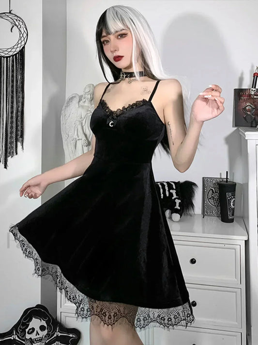 Velvet Corset Spaghetti Waist in Lace Trim Moon Colorful Backless A Line Pendant Strap Sleeveless Dress