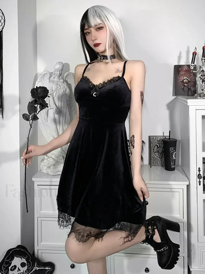 Velvet Corset Spaghetti Waist in Lace Trim Moon Colorful Backless A Line Pendant Strap Sleeveless Dress Black / S
