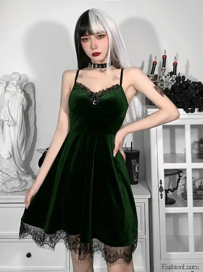 Velvet Corset Spaghetti Waist in Lace Trim Moon Colorful Backless A Line Pendant Strap Sleeveless Dress Green / S