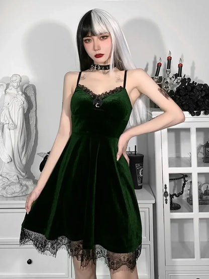 Velvet Corset Spaghetti Waist in Lace Trim Moon Colorful Backless A Line Pendant Strap Sleeveless Dress Green / S