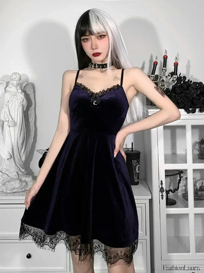 Velvet Corset Spaghetti Waist in Lace Trim Moon Colorful Backless A Line Pendant Strap Sleeveless Dress PURPLE / S