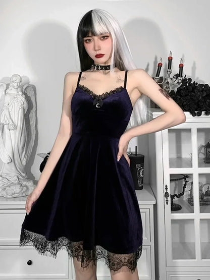 Velvet Corset Spaghetti Waist in Lace Trim Moon Colorful Backless A Line Pendant Strap Sleeveless Dress PURPLE / S