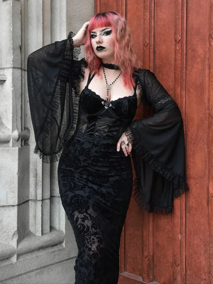 Velvet Harajuku Gothic Club Mesh Midi Corset Sling Bandage Street Lace Print Dress Dress / S