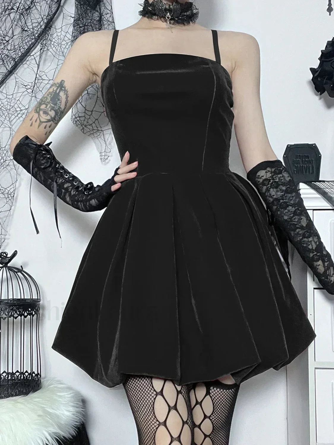 Velvet Solid Shirring High Waist Straps A Line Party Mini Elegant New Year Dress