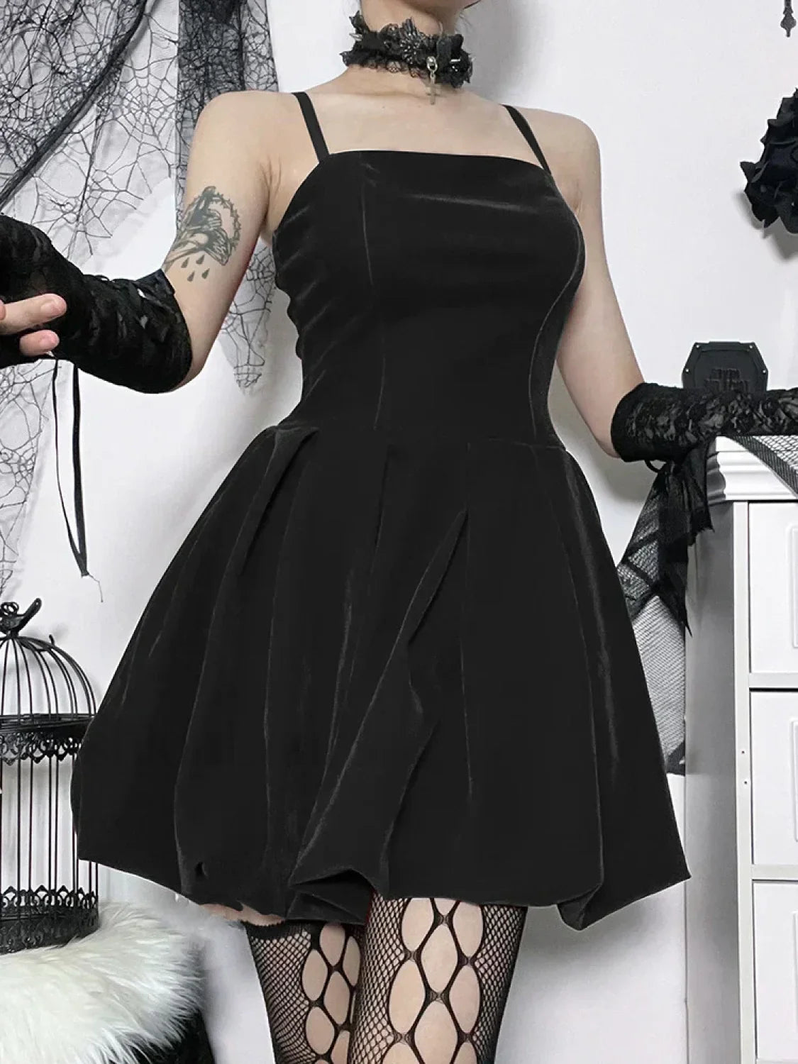 Velvet Solid Shirring High Waist Straps A Line Party Mini Elegant New Year Dress Black / S
