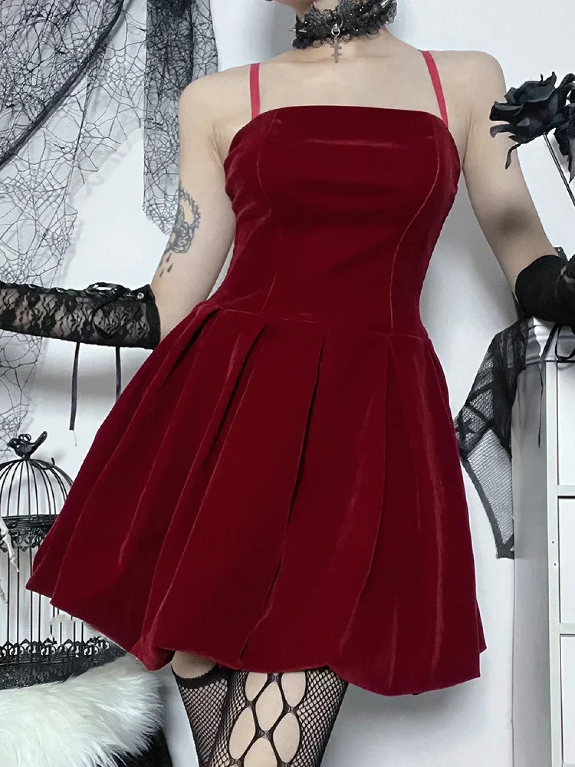 Velvet Solid Shirring High Waist Straps A Line Party Mini Elegant New Year Dress Red / S