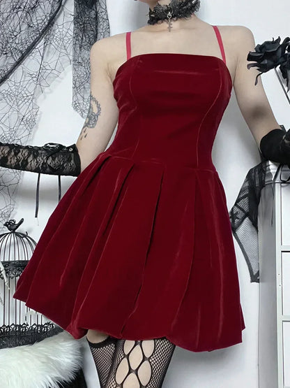 Velvet Solid Shirring High Waist Straps A Line Party Mini Elegant New Year Dress Red / S