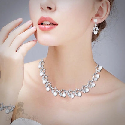 Veronica Silver Crystal And Pearl Bridal Jewelry Set With Half Tiara - 3 Pieces