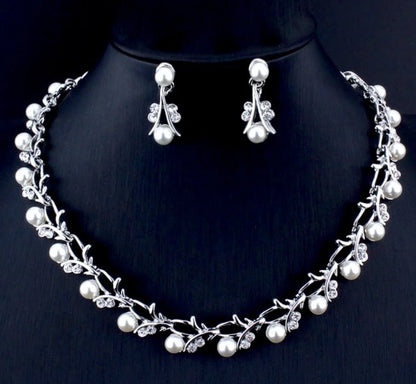 Wedding Jewelry - Silver Cubic Zirconia and Pearl 3-Piece Bridal Jewelry Set With Tiara