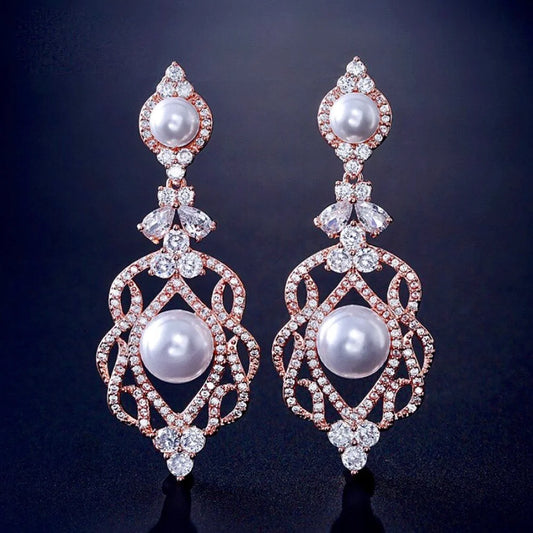 Versailles Pearl And Cubic Zirconia Bridal Earrings In Rose Gold Silver