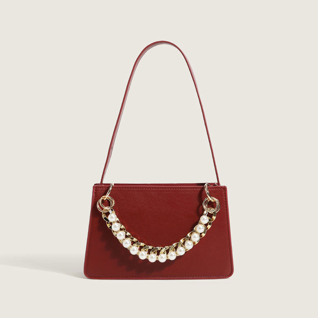 Chunky Chain Zip Top Leather Shoulder Bag With Versatile Pearl Trim - Red One Size /