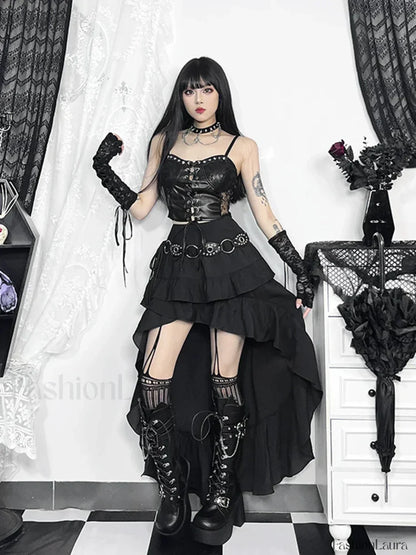 Victorian Inspired SteamRetro Gothic Hi Low Lace Party Skirt Black / S