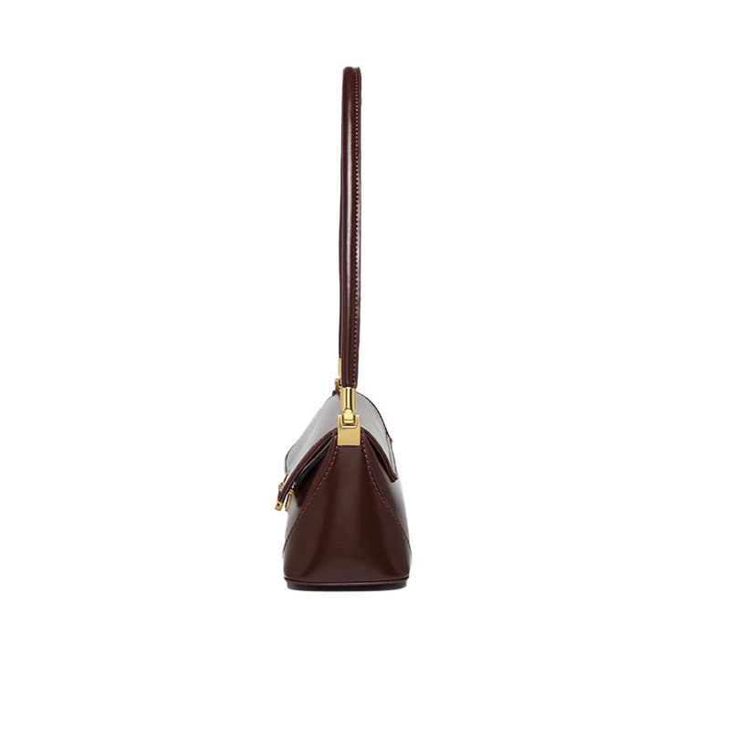 Gold Tone Buckle Flap Leather Baguette Bag - Chocolate