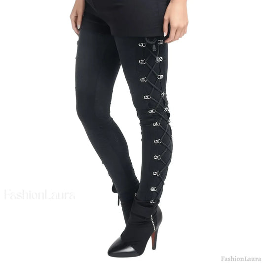 Vintage Gothic Lace Up Slim Halloween Pants Black / S
