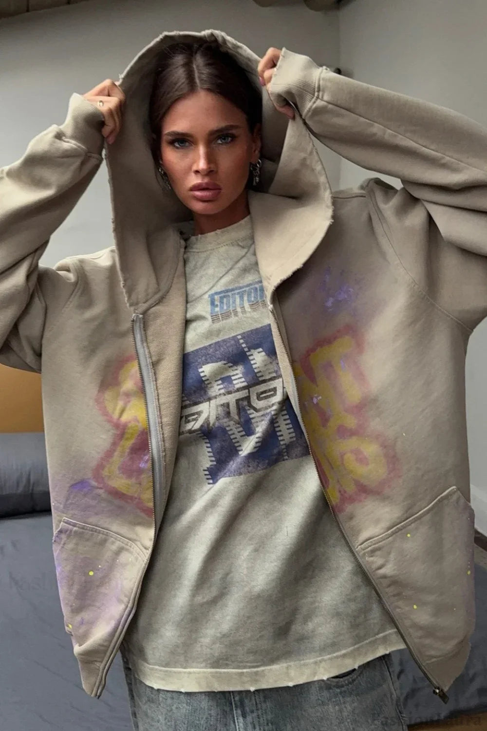 Vintage Graffiti Oversized Hoodie Khaki / S