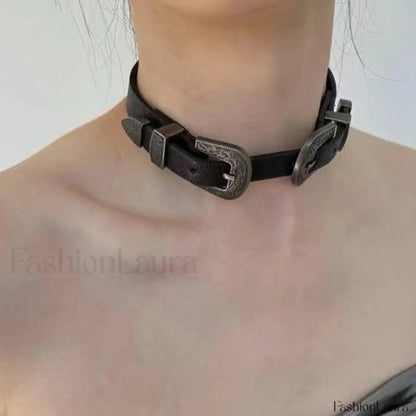 Vintage Metal Leather Y2K Gender Neutral Choker Necklace BLACK
