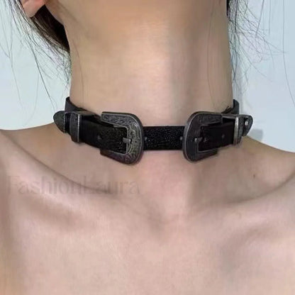 Vintage Metal Leather Y2K Gender Neutral Choker Necklace BLACK