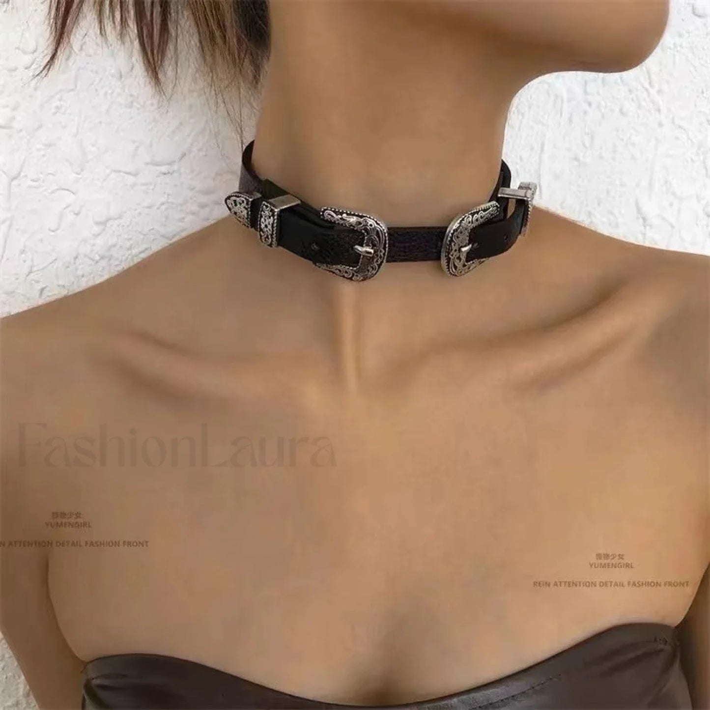 Vintage Metal Leather Y2K Gender Neutral Choker Necklace BLACK