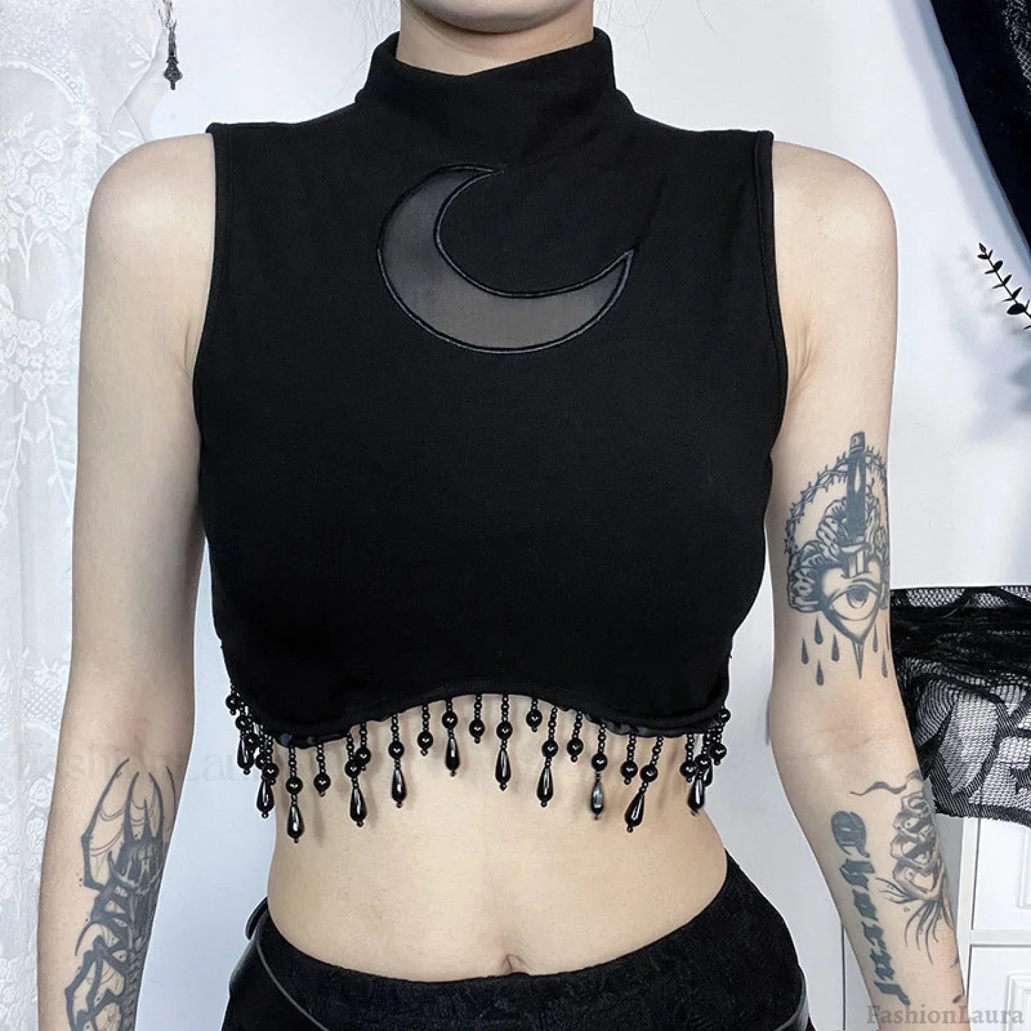 Vintage Sexy Goth Moon Lace See Through Sleeveless Crop Top Black / S